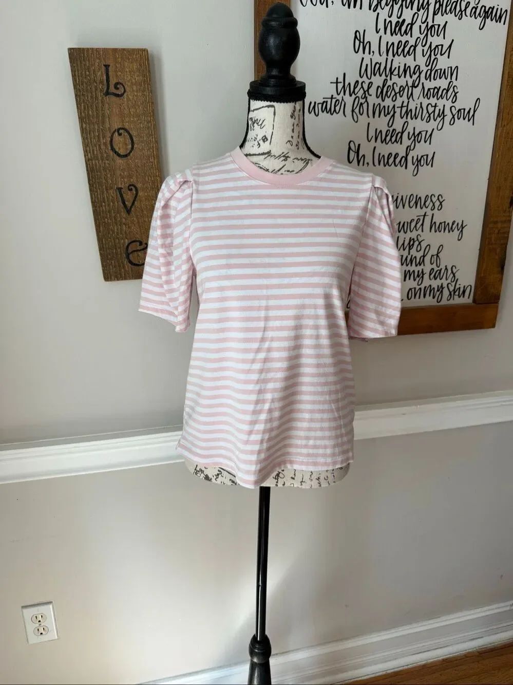 Free Assembly Women’s Striped Puff Sleeve T-Shirt Tee Top Pink White Small